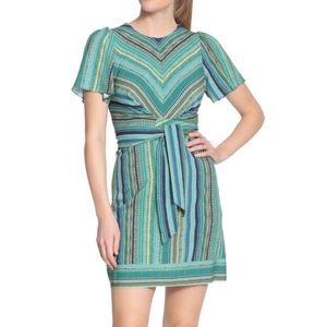 London Times Blue Green Yellow Chevron Stripe Tie Casual Summer Mini Dress sz 10
